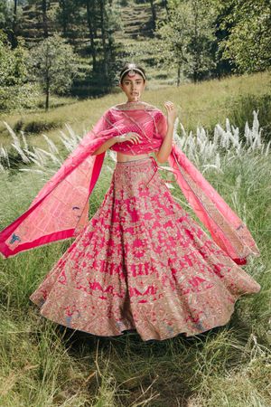 Coral pink top bridal lehenga